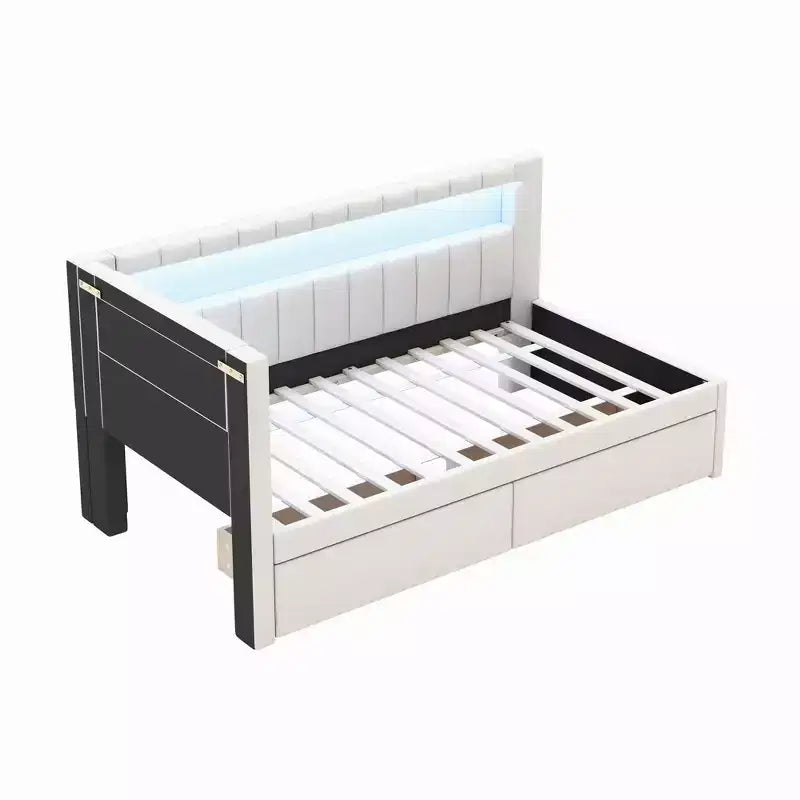 Lit de repos rembourré jumeau avec 2 tiroirs, cadre de lit de repos avec rangement, tête de lit en L, ports USB et LED
