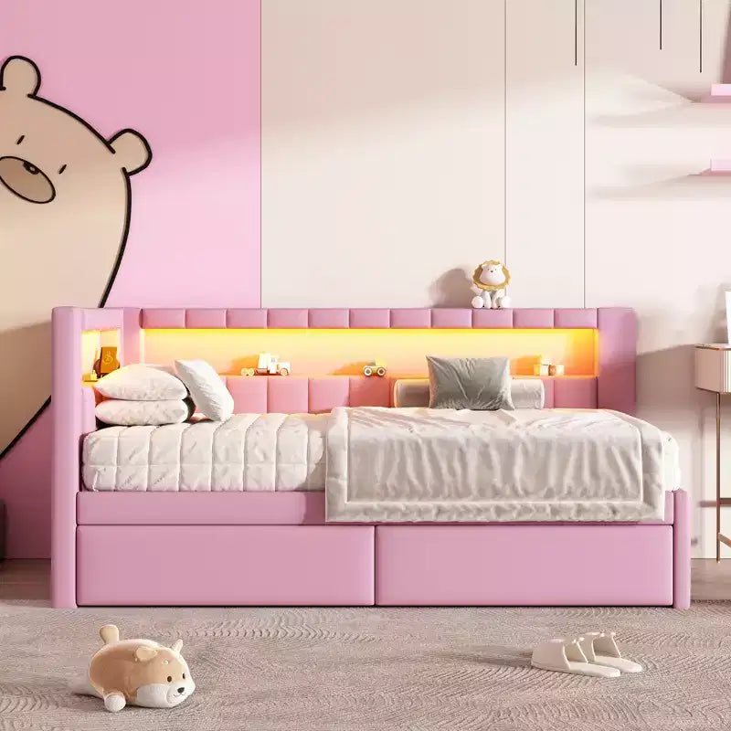 Lit de repos rembourré jumeau avec 2 tiroirs, cadre de lit de repos avec rangement, tête de lit en L, ports USB et LED