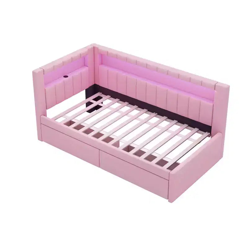 Lit de repos rembourré jumeau avec 2 tiroirs, cadre de lit de repos avec rangement, tête de lit en L, ports USB et LED
