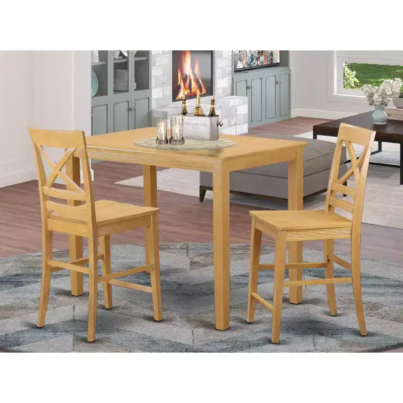 Ensemble de salle à manger 3 pièces HomeStock avec table de hauteur comptoir et plateau en bois massif finition chêne marron naturel
