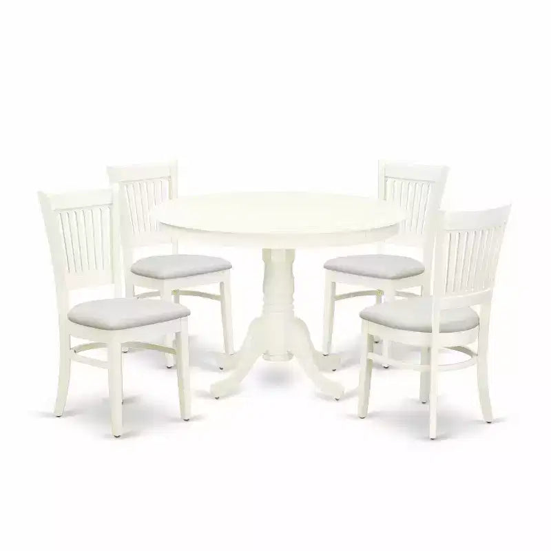 HomeStock 5-Piece Linen White Finish Solid Wood Top Dining table with 4 Chairs with Slat Back