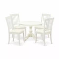 HomeStock 5-Piece Round Linen White Finish Solid Wood Top Dining table with 4-Chairs with Slat Back