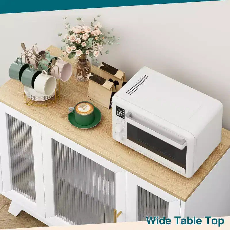 Acekool 35.8 Buffet de salle à manger blanc pur, portes en verre cannelé, poignées dorées, étagère réglable, console pour cuisine et salon