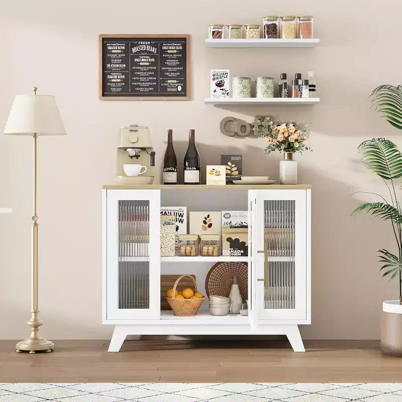 Acekool 35.8 Buffet de salle à manger blanc pur, portes en verre cannelé, poignées dorées, étagère réglable, console pour cuisine et salon