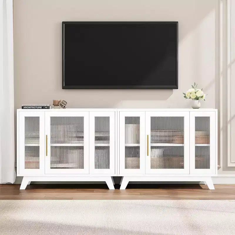Acekool 35.8 Buffet de salle à manger blanc pur, portes en verre cannelé, poignées dorées, étagère réglable, console pour cuisine et salon