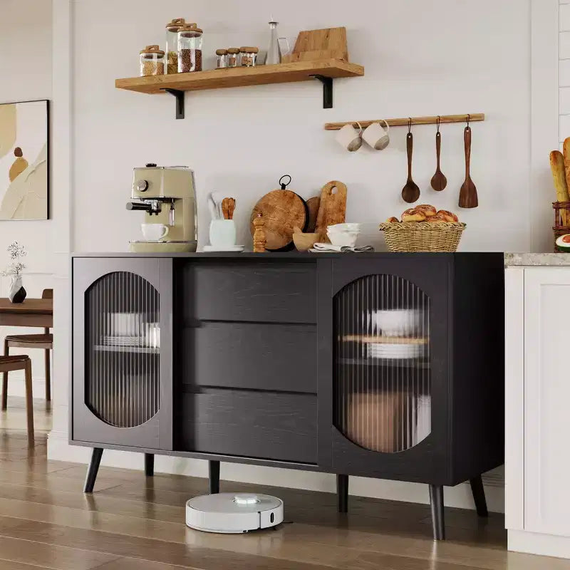 Bahut de Buffet avec Portes en Verre Canelé et Tiroirs, Meuble avec Rangement, Bahut Noir pour Cuisine, Salle à Manger, Salon