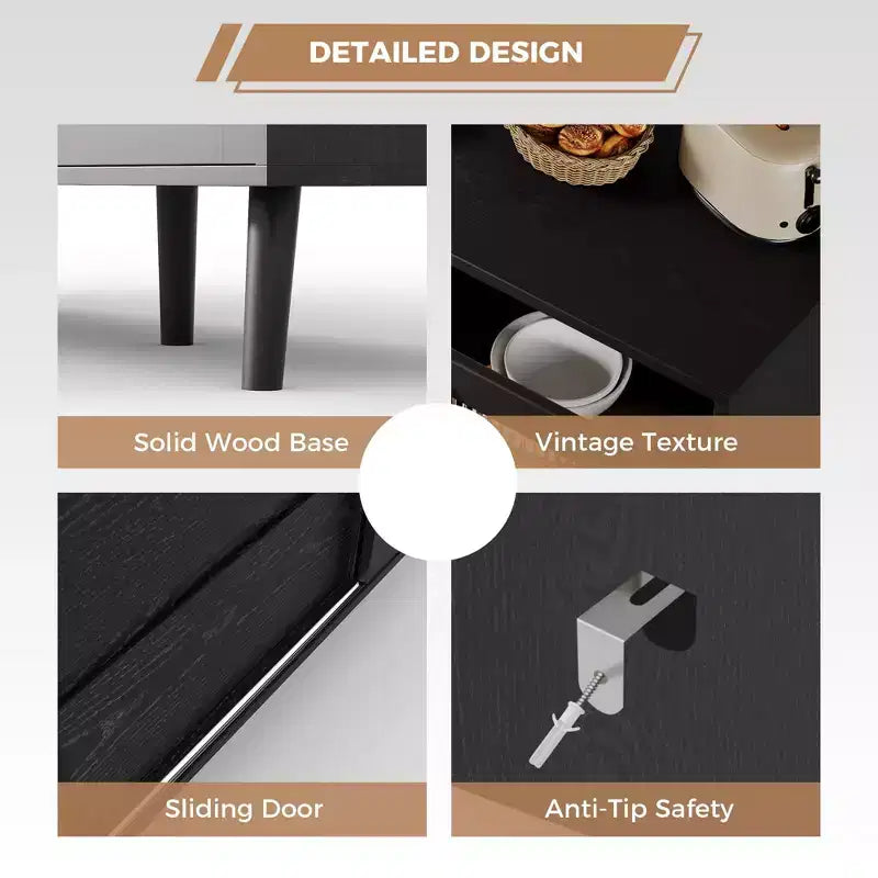 Bahut de Buffet avec Portes en Verre Canelé et Tiroirs, Meuble avec Rangement, Bahut Noir pour Cuisine, Salle à Manger, Salon