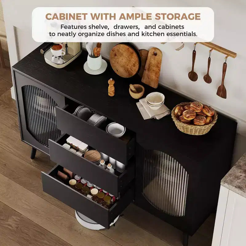 Bahut de Buffet avec Portes en Verre Canelé et Tiroirs, Meuble avec Rangement, Bahut Noir pour Cuisine, Salle à Manger, Salon