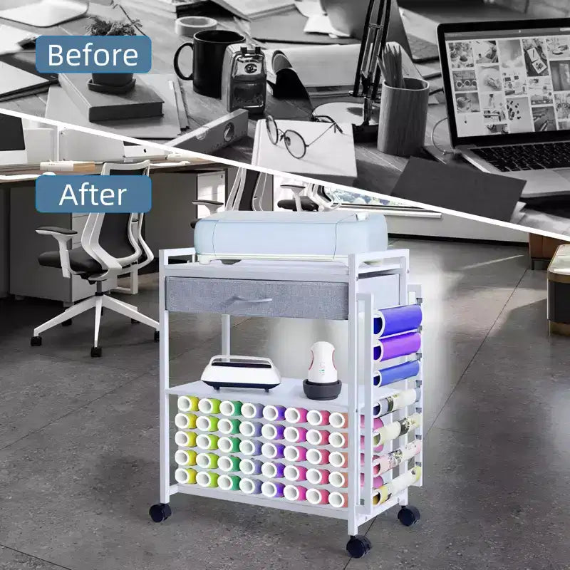 Chariot de rangement et d'organisation pour loisirs créatifs compatible avec machine Cricut, chariot de rangement roulant avec tiroir en tissu, crochet et support pour 47 rouleaux de vinyle