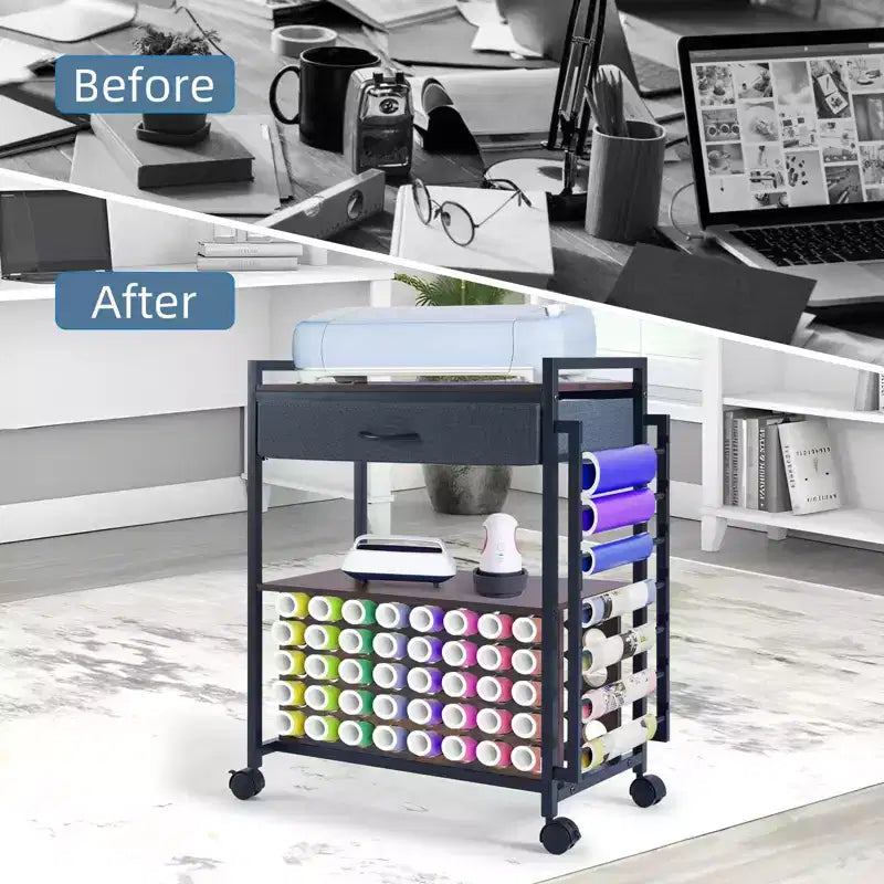 Chariot de rangement et d'organisation pour loisirs créatifs compatible avec machine Cricut, chariot de rangement roulant avec tiroir en tissu, crochet et support pour 47 rouleaux de vinyle