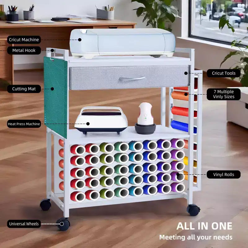 Chariot de rangement et d'organisation pour loisirs créatifs compatible avec machine Cricut, chariot de rangement roulant avec tiroir en tissu, crochet et support pour 47 rouleaux de vinyle