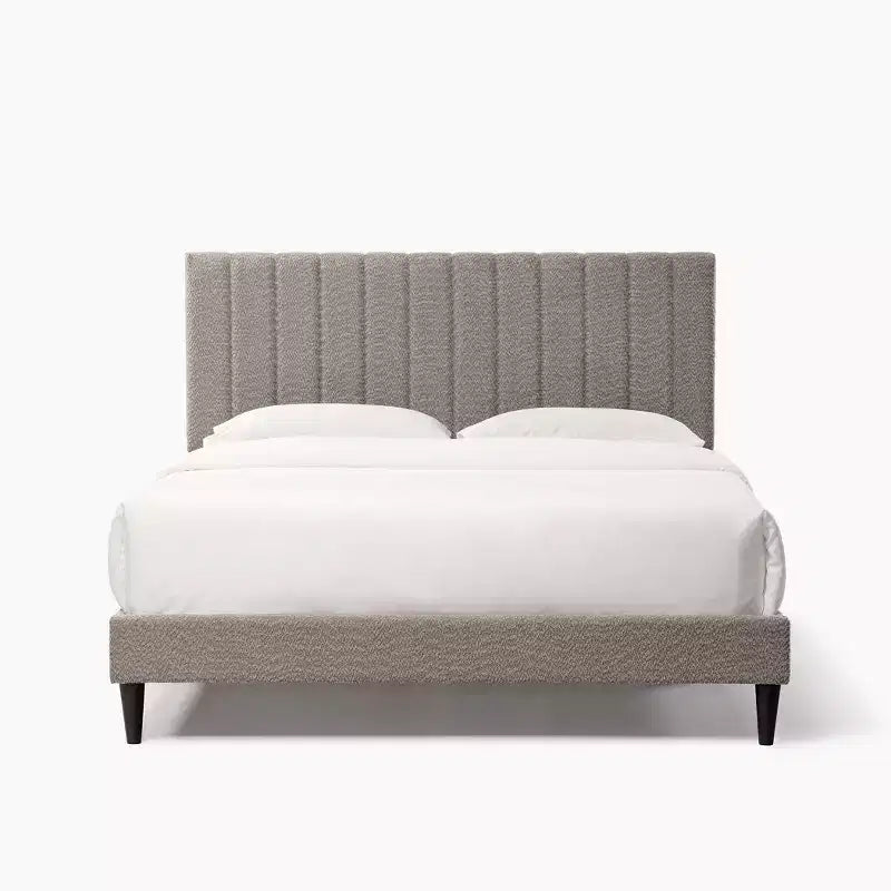Cadre de lit Queen en velours, tête de lit à oreilles avec capitonnage vertical, lattes en bois, sans sommier tapissier, montage facile, blanc