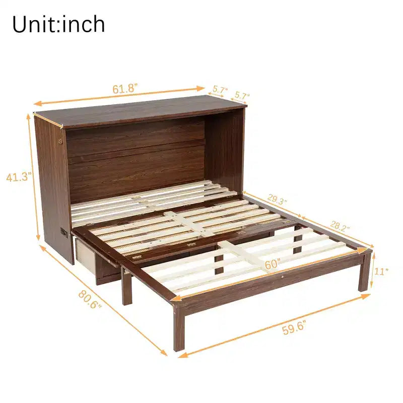 Lit escamotable grand lit Luxystar avec grand tiroir, station d'alimentation et panneau en rotin pour salon et petits appartements