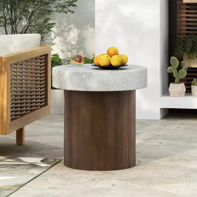 MAYEERTY 1 table d'appoint cylindrique, table d'appoint en similicuir et texture bois pour salon, patio, chambre à coucher (intérieur/extérieur)