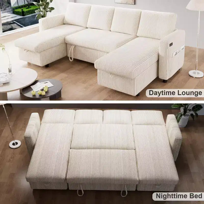 Dyonery Canapé-lit escamotable 4 places de 266 cm avec espace de rangement et poches latérales, dossier réglable, convertible, en velours côtelé