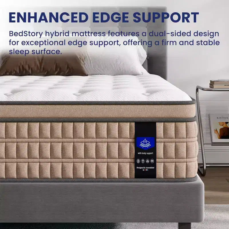 Matelas hybride King Whisen 14, matelas en mousse à mémoire de forme, ressorts ensachés, sans fibre de verre - Beige et Blanc