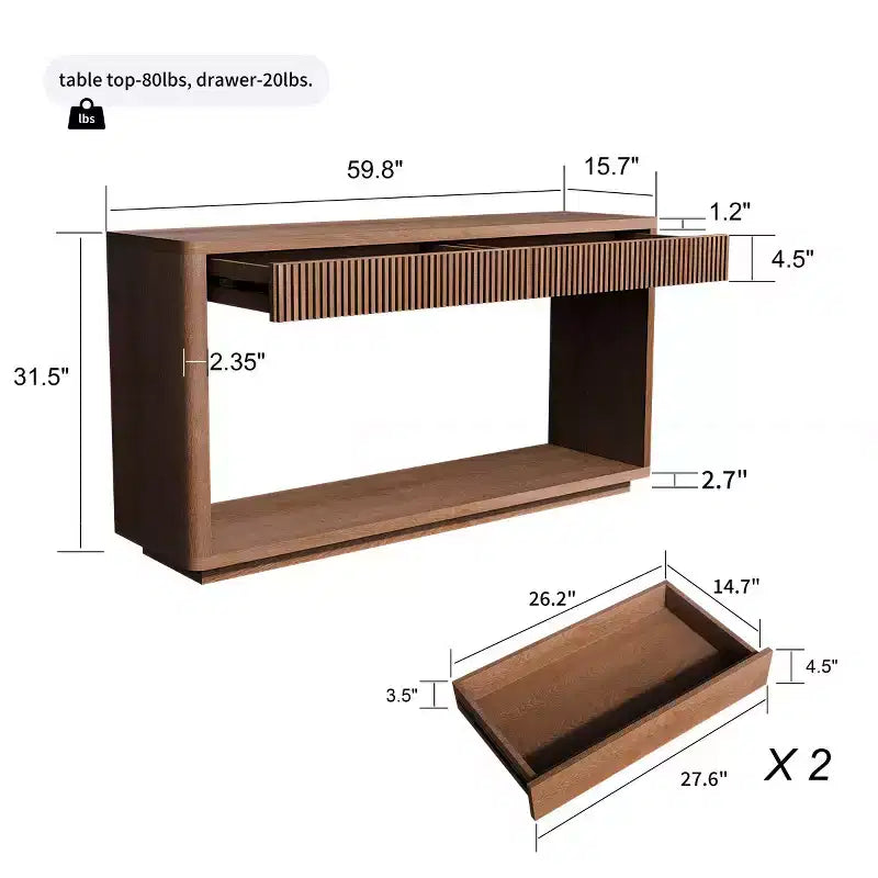 Console d'entrée de ferme de 60 po avec 2 tiroirs cannelés et étagère, table de couloir en placage de bois pour le salon - Panipeachy