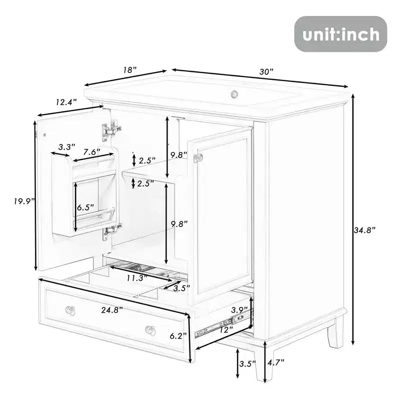 MAYEERTY Meuble-lavabo de salle de bain 30 po sans évier, portes d'armoire multifonctionnelles, tiroir, cadre solide en MDF noir