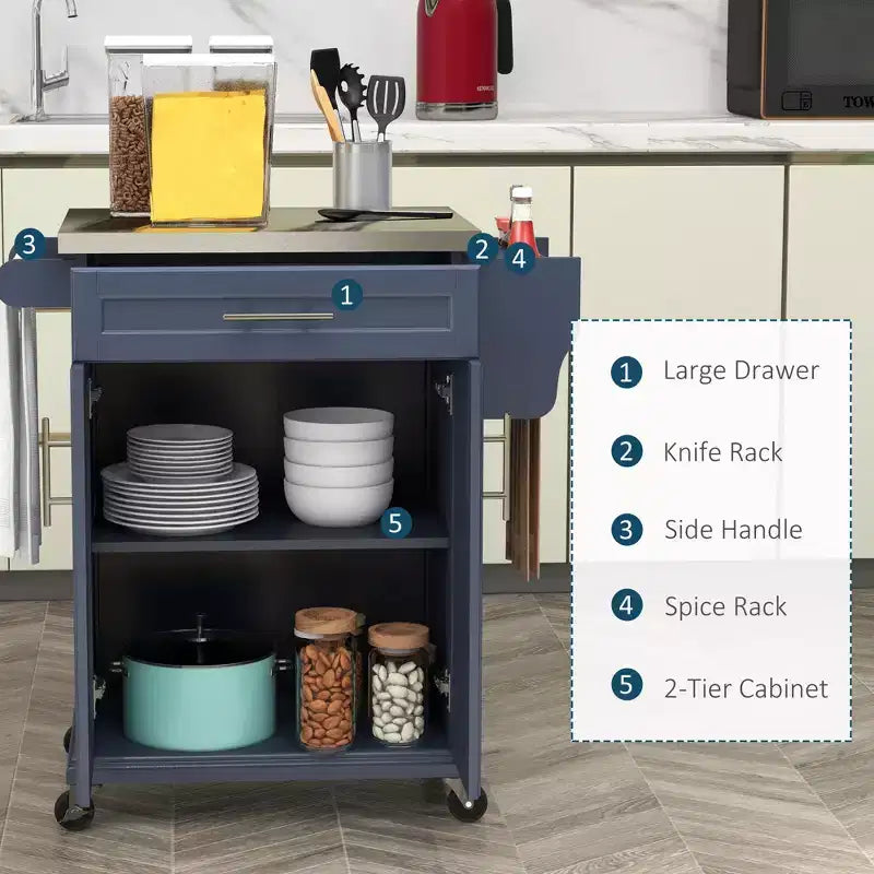 Îlot de cuisine sur roulettes, Desserte de cuisine roulante avec comptoir en acier inoxydable, tiroir, porte-serviettes et porte-épices, Chariot de rangement utilitaire