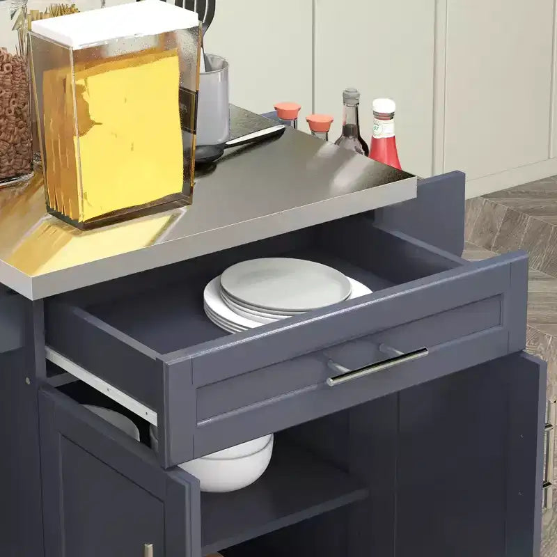 Îlot de cuisine sur roulettes, Desserte de cuisine roulante avec comptoir en acier inoxydable, tiroir, porte-serviettes et porte-épices, Chariot de rangement utilitaire