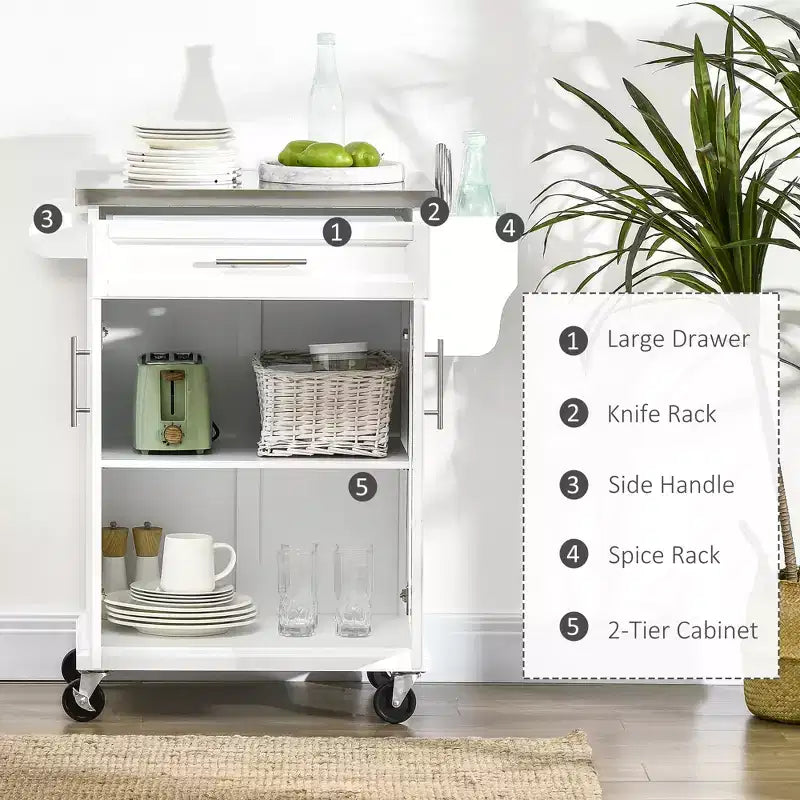 Îlot de cuisine sur roulettes, Desserte de cuisine roulante avec comptoir en acier inoxydable, tiroir, porte-serviettes et porte-épices, Chariot de rangement utilitaire