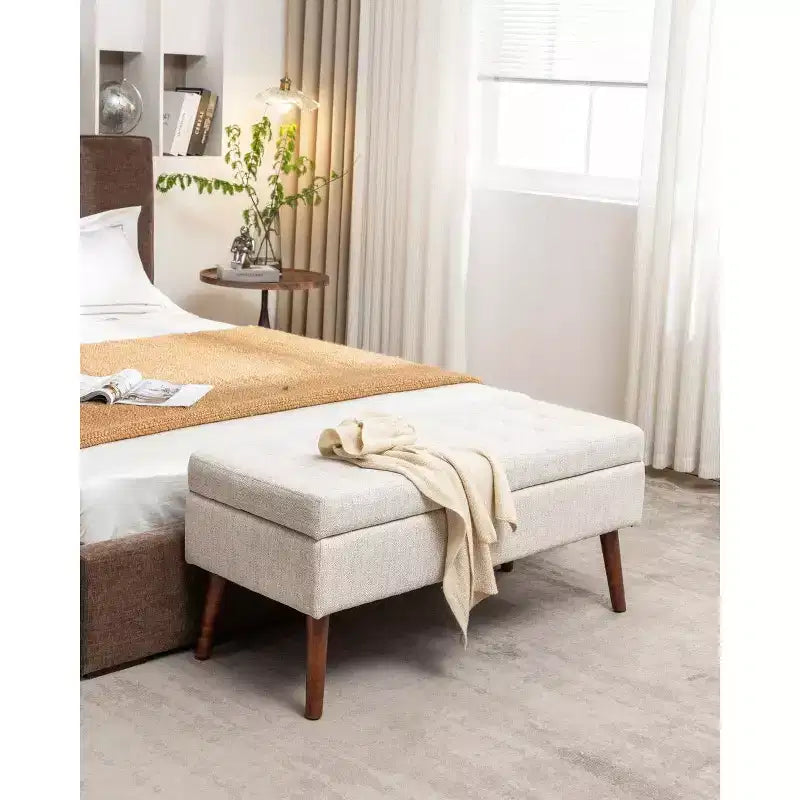 TUYOHW Banc de rangement rectangulaire, banc de bout de lit avec pieds en bois massif, ottoman en cuir PU pour salon, chambre, entrée