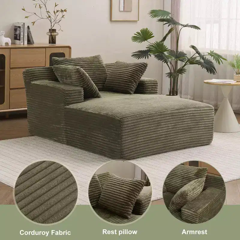 Efomao 66inx48in Chaise longue intérieure moderne rembourrée en velours côtelé avec accoudoirs, canapé-lit profond, aucun assemblage requis, vert