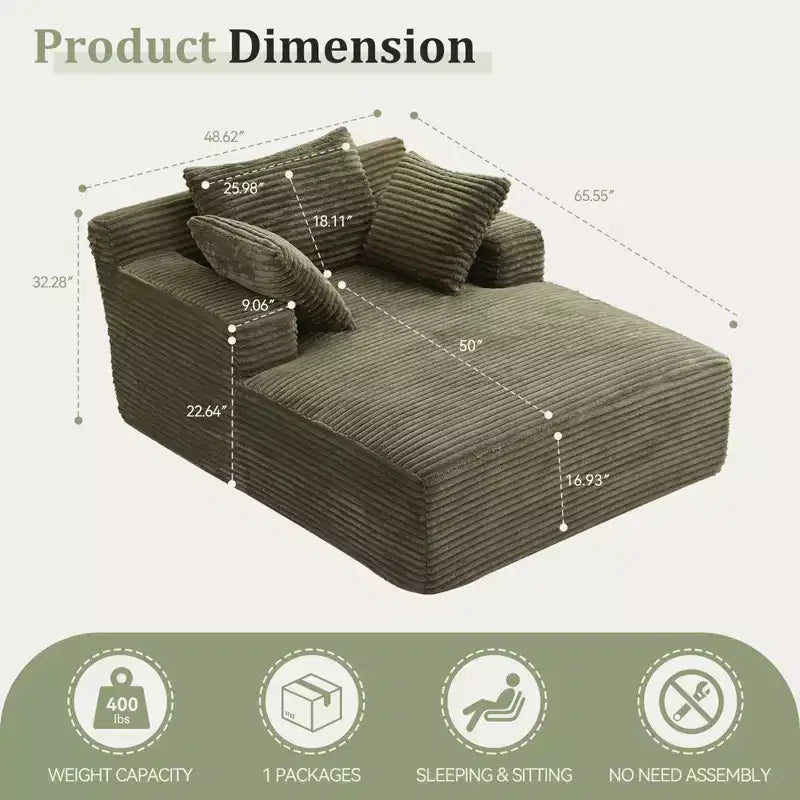 Efomao 66inx48in Chaise longue intérieure moderne rembourrée en velours côtelé avec accoudoirs, canapé-lit profond, aucun assemblage requis, vert