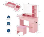 Coiffeuse de Maquillage, Bureau de Maquillage avec Miroir, Table de Maquillage avec Tabouret de Rangement, Tiroirs, Étagères Ouvertes, Coiffeuse en Bois pour Chambre à Coucher, Rose