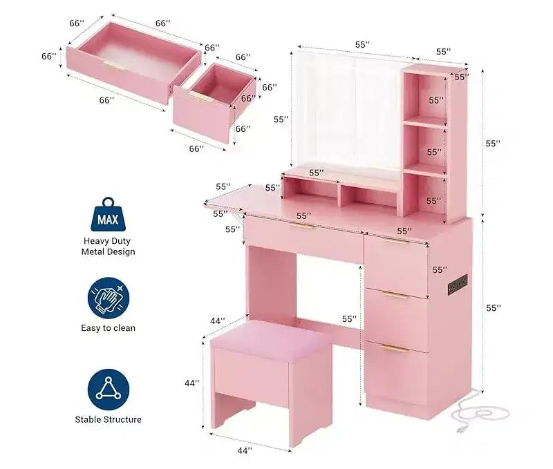 Coiffeuse de Maquillage, Bureau de Maquillage avec Miroir, Table de Maquillage avec Tabouret de Rangement, Tiroirs, Étagères Ouvertes, Coiffeuse en Bois pour Chambre à Coucher, Rose