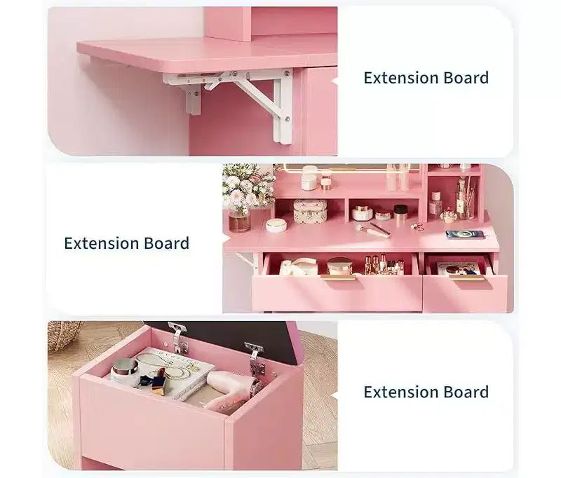 Coiffeuse de Maquillage, Bureau de Maquillage avec Miroir, Table de Maquillage avec Tabouret de Rangement, Tiroirs, Étagères Ouvertes, Coiffeuse en Bois pour Chambre à Coucher, Rose