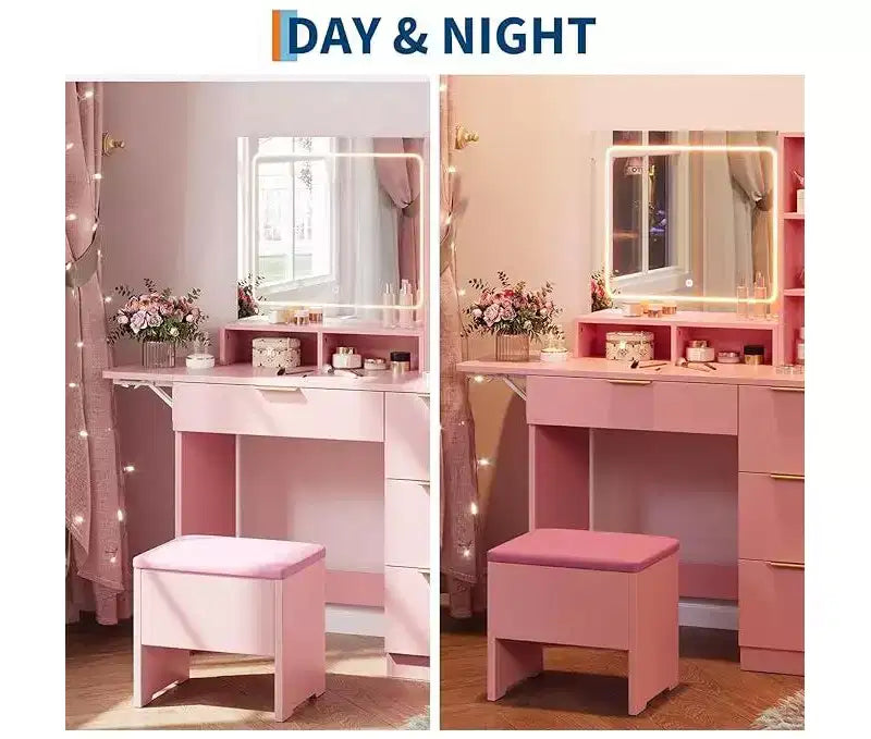 Coiffeuse de Maquillage, Bureau de Maquillage avec Miroir, Table de Maquillage avec Tabouret de Rangement, Tiroirs, Étagères Ouvertes, Coiffeuse en Bois pour Chambre à Coucher, Rose