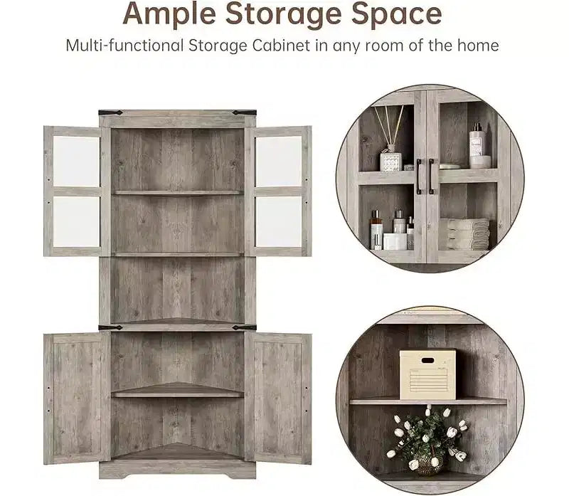 Meuble d'angle, meuble d'angle haut avec porte coulissante et étagères réglables, meuble de rangement d'angle pour salon, cuisine, salle de bain, gris délavé