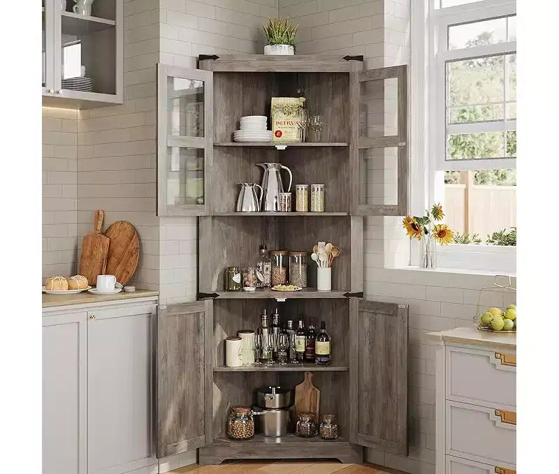 Meuble d'angle, meuble d'angle haut avec porte coulissante et étagères réglables, meuble de rangement d'angle pour salon, cuisine, salle de bain, gris délavé