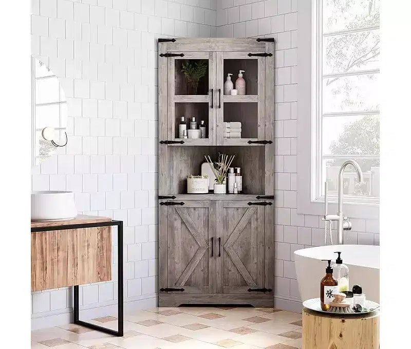 Meuble d'angle, meuble d'angle haut avec porte coulissante et étagères réglables, meuble de rangement d'angle pour salon, cuisine, salle de bain, gris délavé