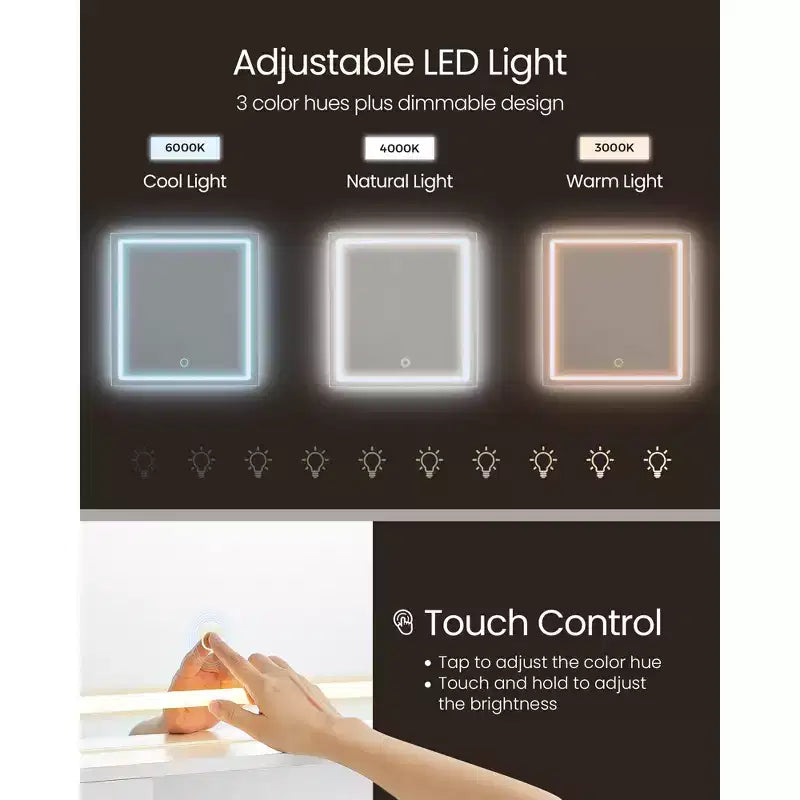 Coiffeuse de 90 cm avec miroir LED et station de charge, ensemble table de maquillage avec tabouret et rangement pour bijoux, blanc nuage