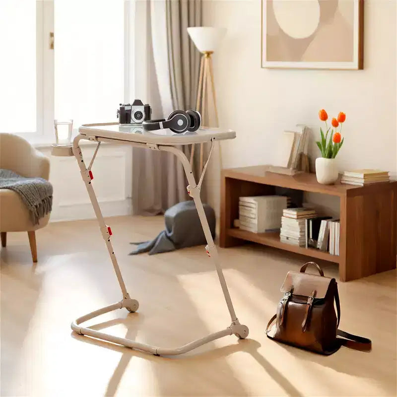 Bureau pliant réglable en hauteur FurnitureR avec plateau en PP, table de travail portable peu encombrante avec roulettes et tiroirs de rangement latéraux pour le bureau à domicile