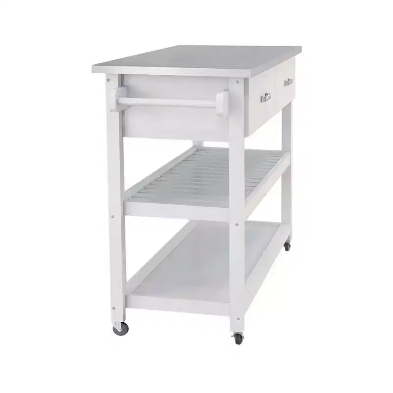 MAYEERTY Desserte de cuisine blanche, plateau en acier inoxydable 2 tiroirs