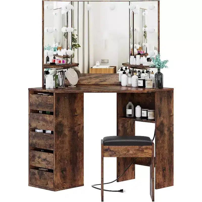 Coiffeuse d'angle avec banc, Table de maquillage avec 3 miroirs éclairés pliables, Station de recharge, 5 tiroirs pour chambre à coucher