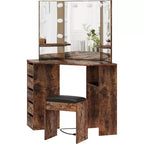 Coiffeuse d'angle avec banc, Table de maquillage avec 3 miroirs éclairés pliables, Station de recharge, 5 tiroirs pour chambre à coucher