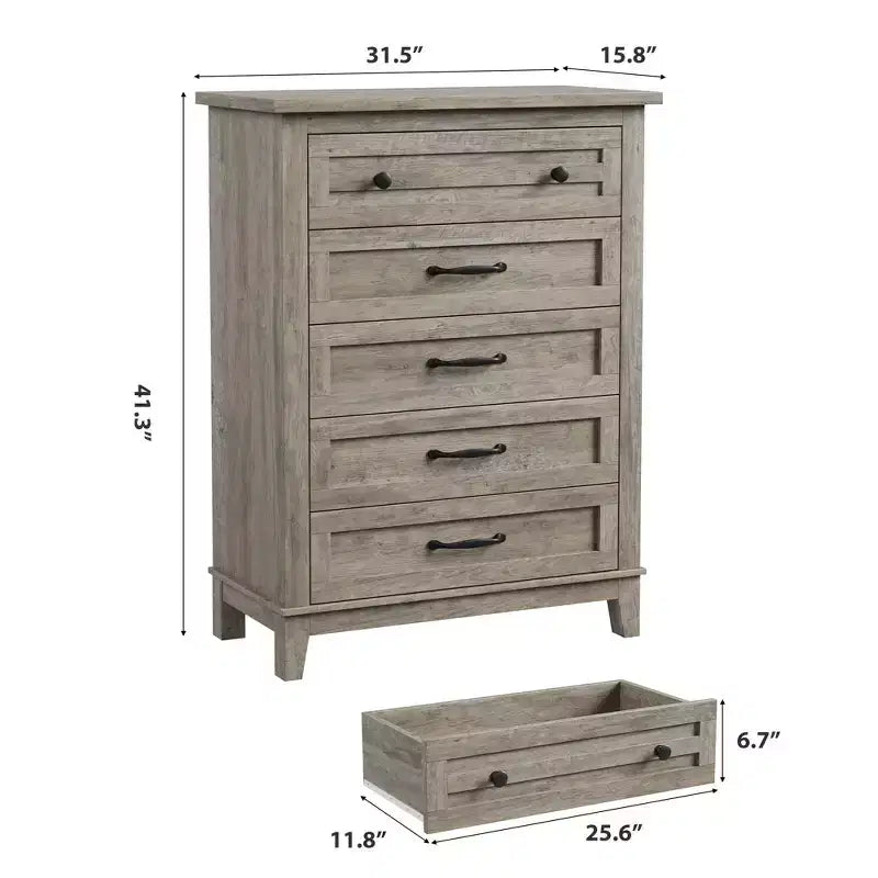 Commode à 5 tiroirs pour chambre à coucher, 41,3 po de haut, en bois, autoportante, grand rangement | Organiseur de placard vertical pour chambre à coucher et salon
