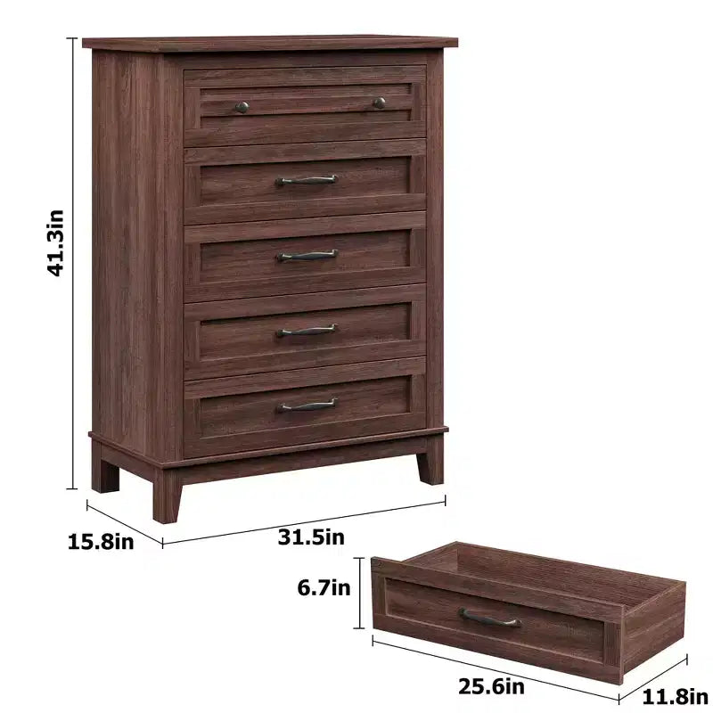 Commode à 5 tiroirs pour chambre à coucher, 41,3 po de haut, en bois, autoportante, grand rangement | Organiseur de placard vertical pour chambre à coucher et salon