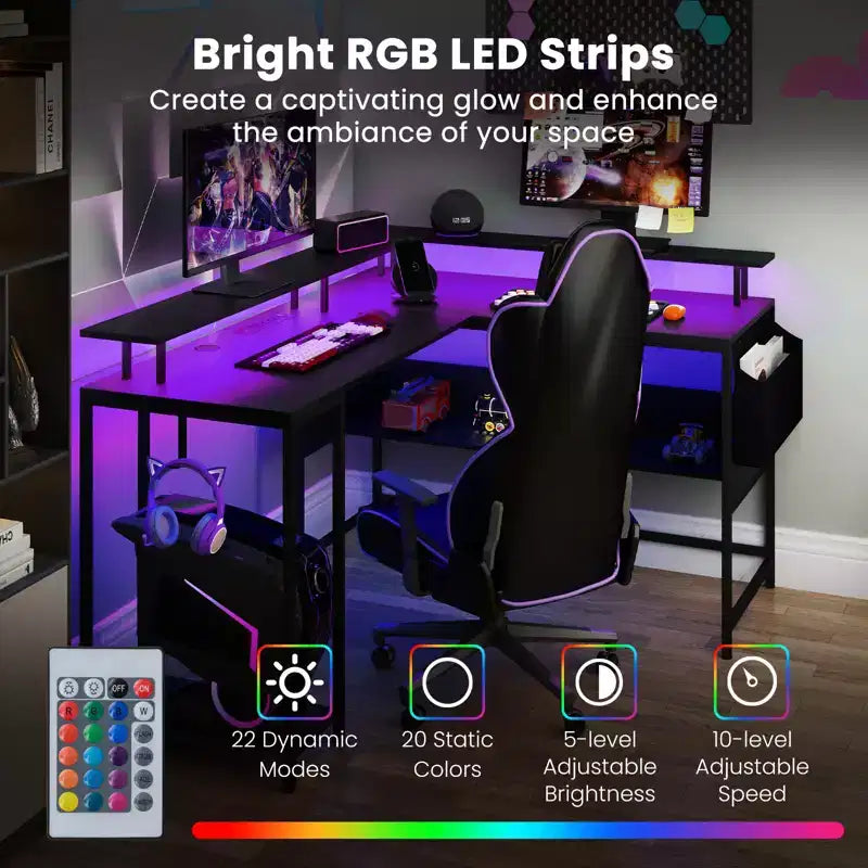 Bureau de jeu en L Costway avec lumières LED, prises électriques, support d'écran et pochette en tissu