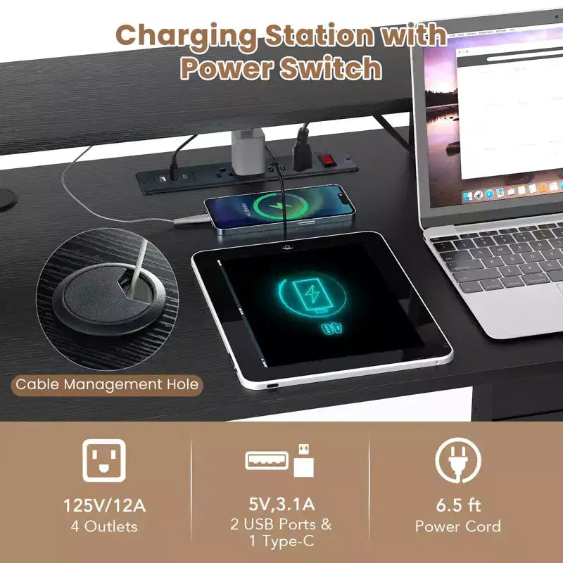 Bureau de jeu en L Costway avec lumières LED, prises électriques, support d'écran et pochette en tissu