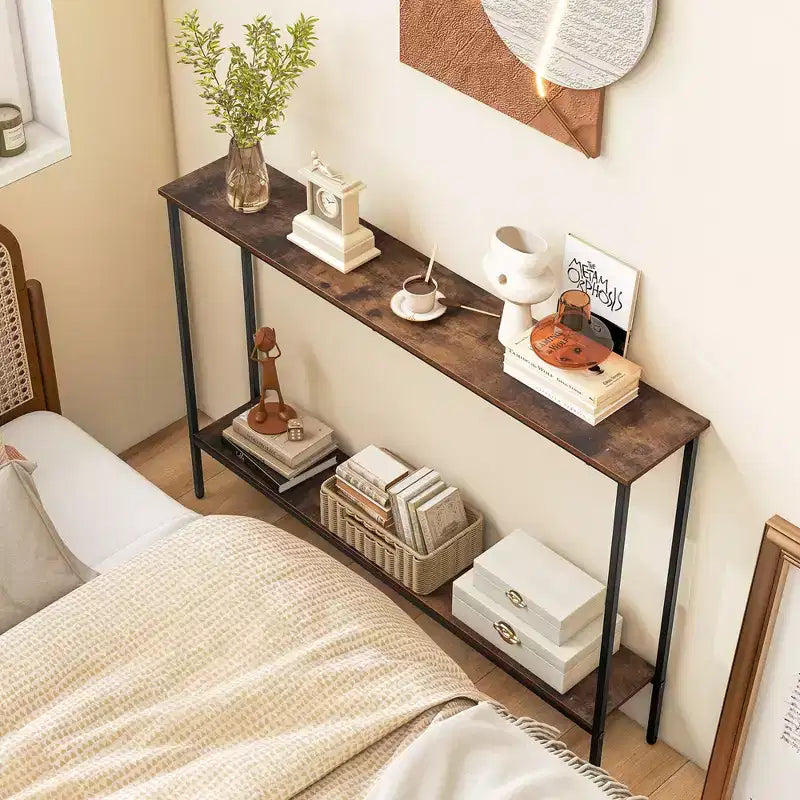Costway Table console étroite 44 po avec étagère et deux dispositifs anti-basculement marron et noir