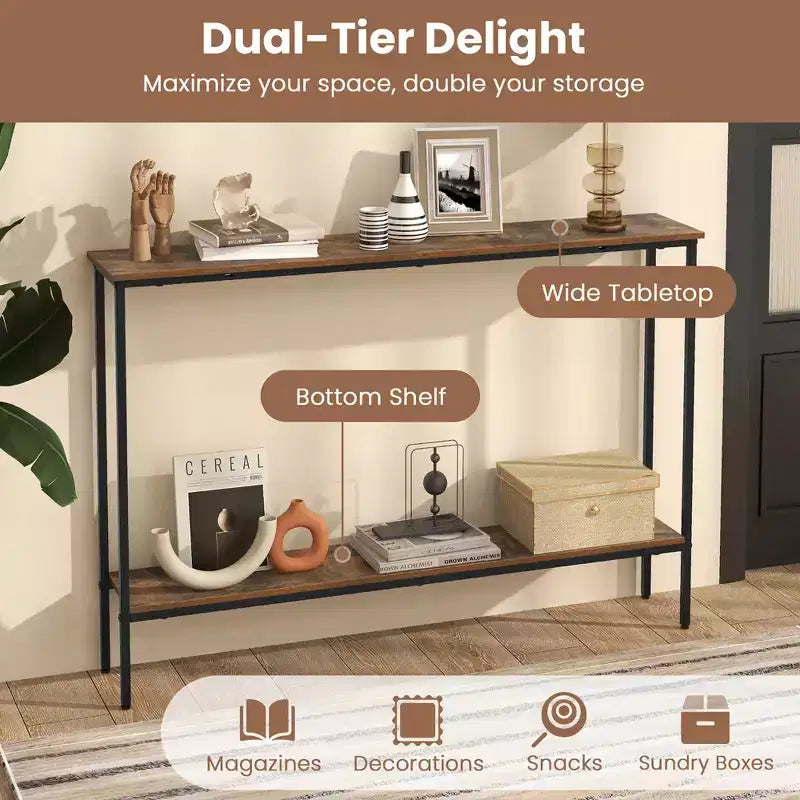 Costway Table console étroite 44 po avec étagère et deux dispositifs anti-basculement marron et noir