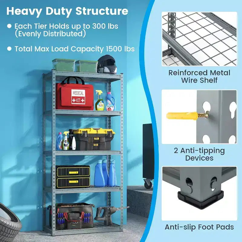 Costway Étagères de garage à 5 niveaux, étagère de rangement robuste en métal, unité de rangement utilitaire réglable pour entrepôt et sous-sol