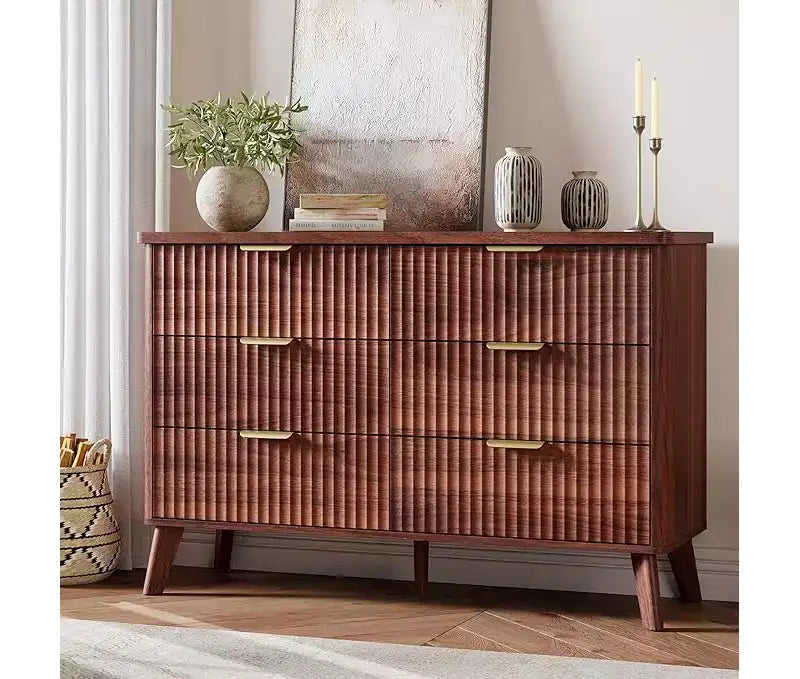 Commode à 6 tiroirs pour chambre à coucher, commodes larges avec profil incurvé, tiroirs en bois cannelé avec poignée dorée, commode au design épaissi
