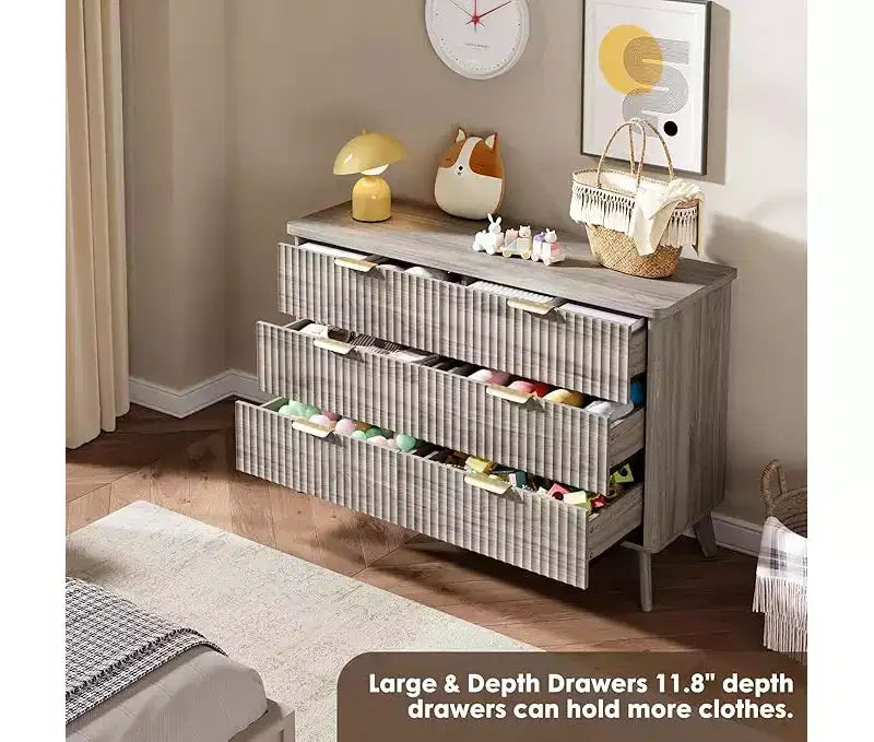 Commode à 6 tiroirs pour chambre à coucher, commodes larges avec profil incurvé, tiroirs en bois cannelé avec poignée dorée, commode au design épaissi