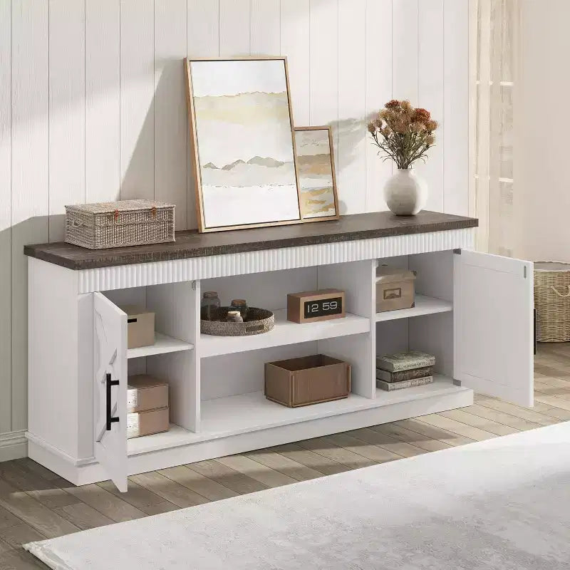 Meuble TV de Ferme pour TV de 70/75 pouces, Meuble TV de 165 cm de long avec 2 Portes et Étagère Ouverte, Consoles TV Rustiques Cannelées